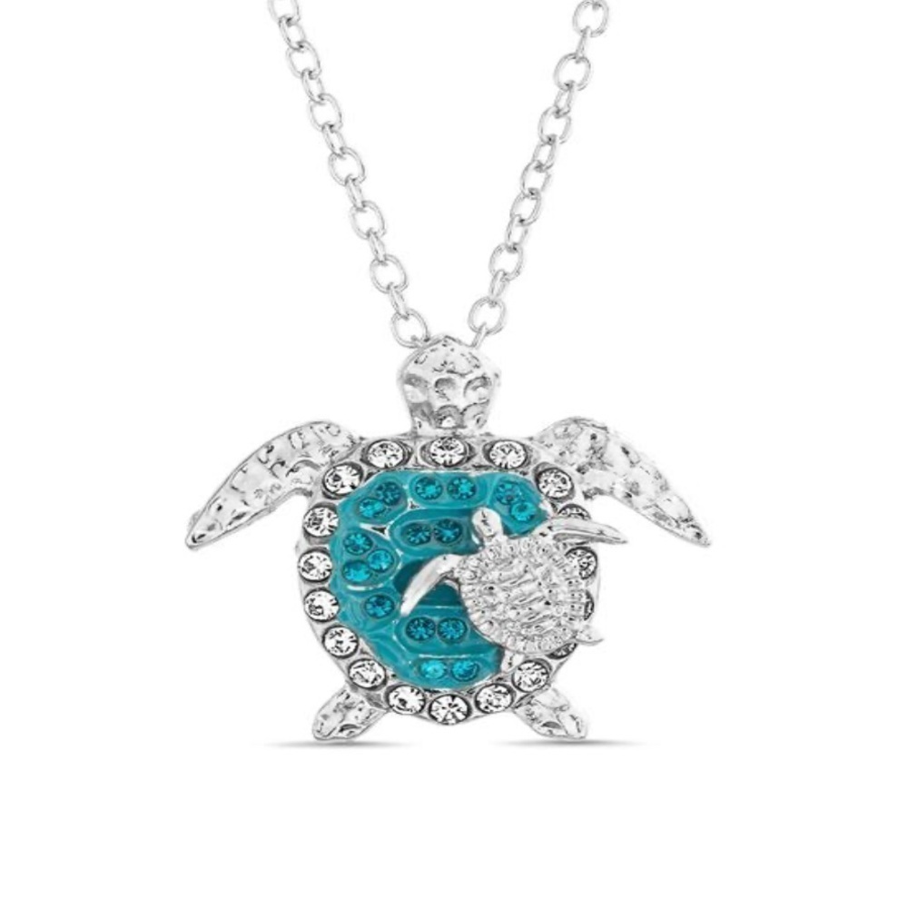 🆕 Crystal Turtle Pendant Silver Plated Blue Crystals 18” + 2” Extender